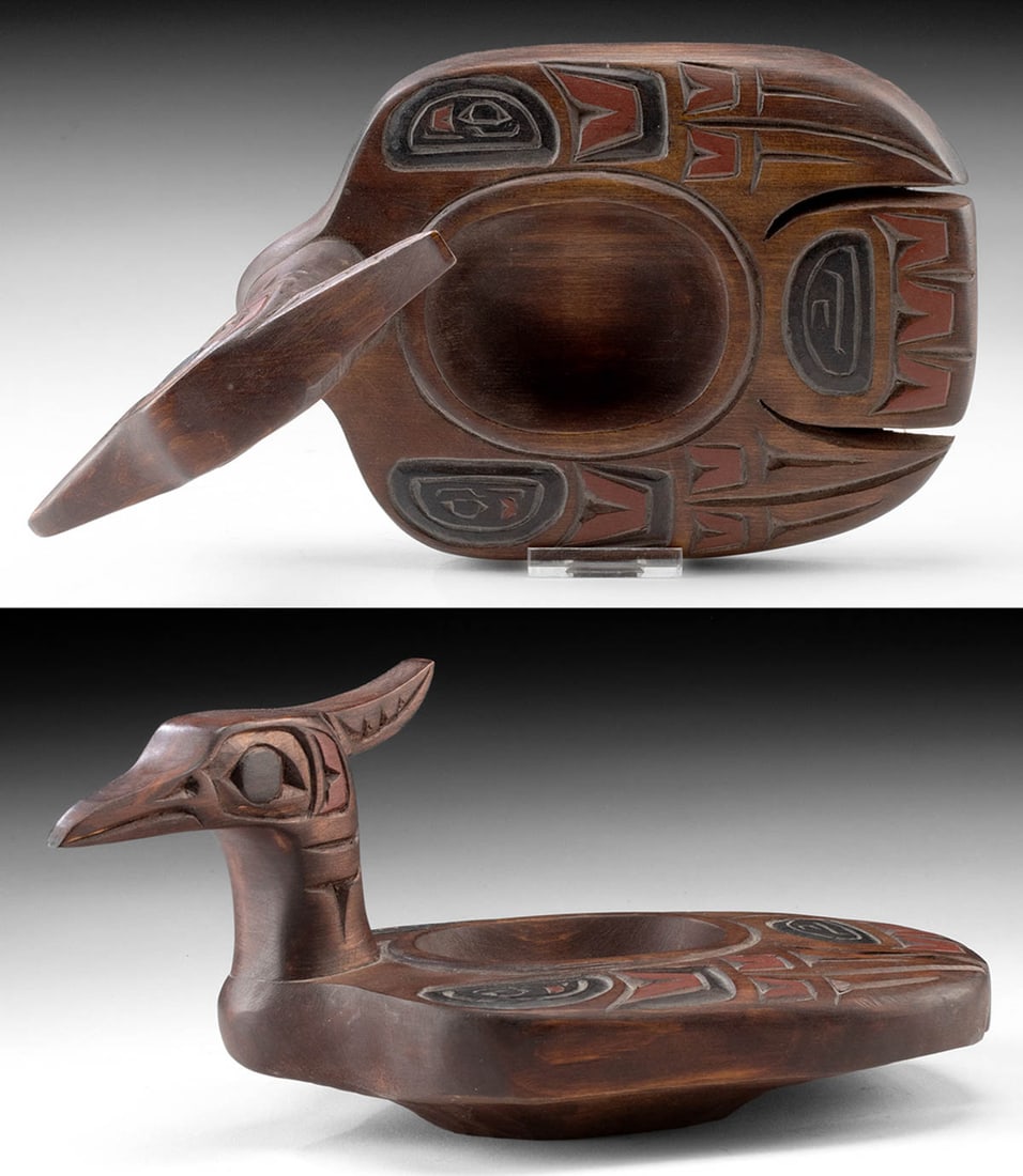 Pacific Northwest Coast Cedar Loon Bowl Dated 1992 (1 of 5)