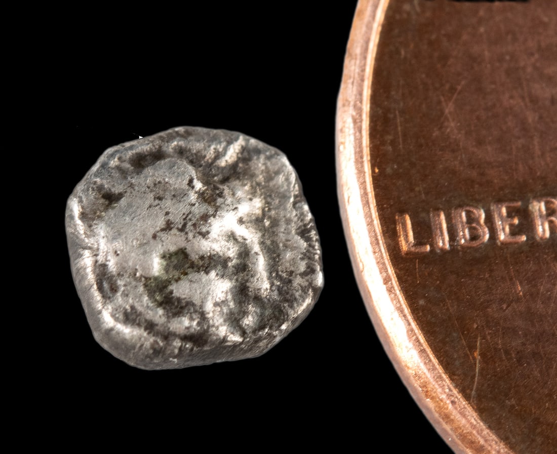 "Micro-Coin" 400 BCE Greek AR Silver Tetartemorion: **Originally Listed At $125** Greece, Classical period, ca. 5th century BCE. One of the tiniest minted silver coins from Greece, a Tetartemorion. The coin purportedly features Athena in profile, thoug