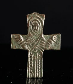 Byzantine Bronze Cross Pendant w/ Orans Figure
