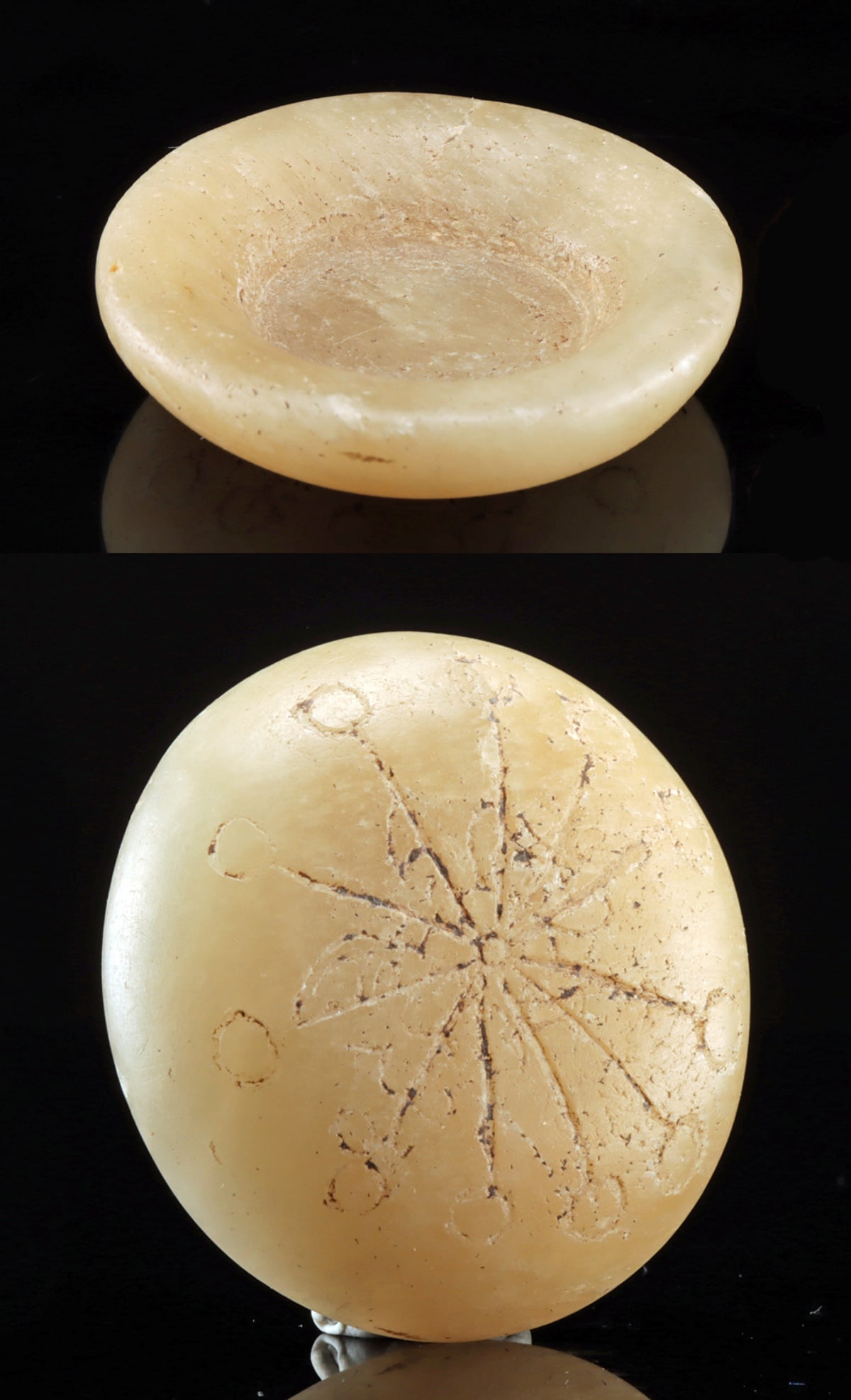 8th C. Byzantine Alabaster Cosmetics Dish w/ Starburst: **Originally Listed At $100** Ancient Near East, Byzantine Empire, ca. 8th to 12th century CE. A lovely, miniature cosmetic dish, hand-sculpted to a silky smooth finish from translucent alabaster boas