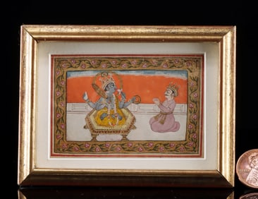 18th C. Indian Awadh Gouache Painting of Vishnu & King