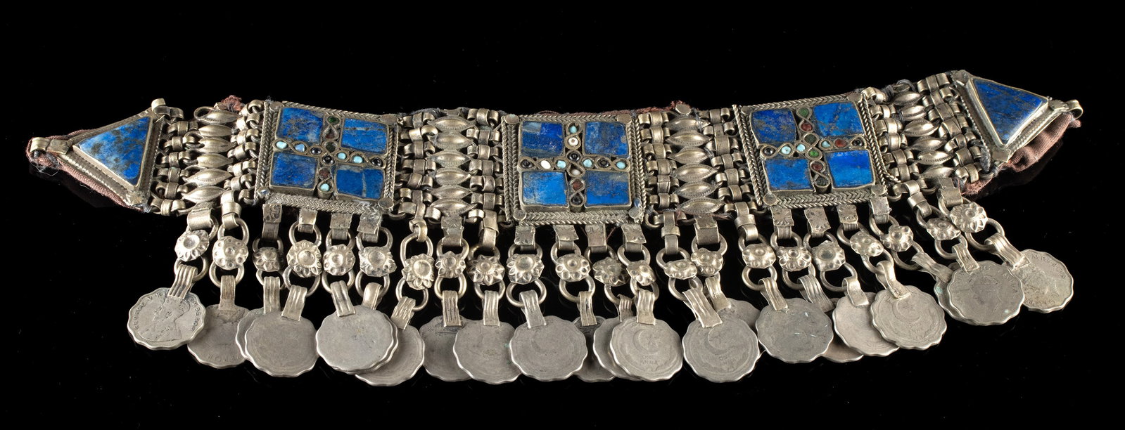 Afghan / Pakistan Kuchi Lapis & Brass Belt Segment: **Originally Listed At $200** Central Asia, Pakistan or Afghanistan, Kuchi (Kochi) Peoples, ca. mid-20th century CE. A brass belt section or adornment featuring lapis stones and dangling coin ornament
