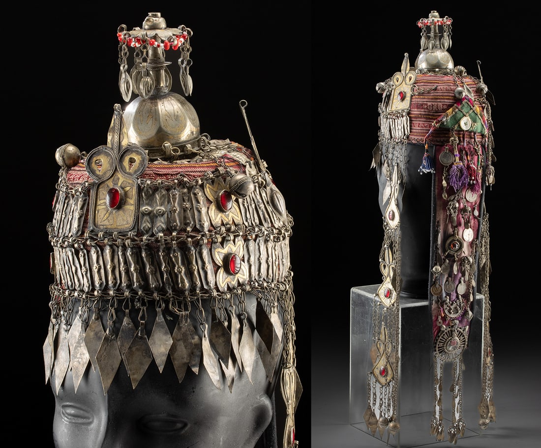 Afghani Ceremonial Woman's Headdress w/ Fire Gilding: **Originally Listed At $400** Central Asia, Uzbekistan, Afghanistan, or Turkmenistan, Turkoman (Turkman) or Tekke peoples, ca. late 20th century CE. A woman's ceremonial headdress made from a woven co