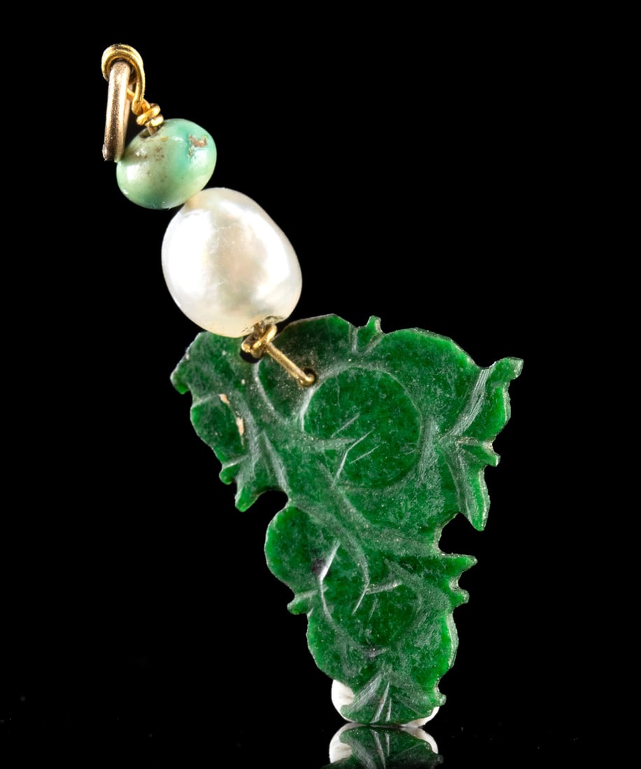 Chinese Qing Charm: Gold Wire w/ Turquoise & Pearl Bead (1 of 2)