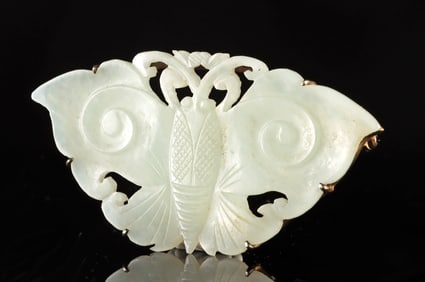 Fine 1930s Chinese White Jade & Silver Butterfly Brooch