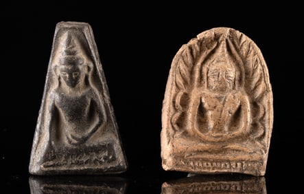 2 Miniature 19th C. Thai Pottery Buddha Pottery Amulets