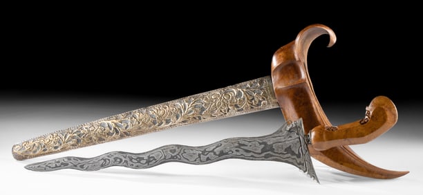 19th C. Indonesian Kris w/ Silver Repousse Sheath