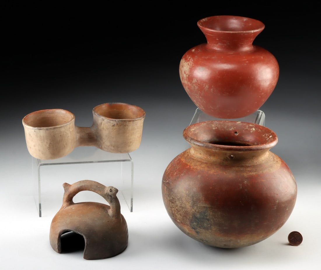 Three Colima Pottery Vessels + Incensario Lid: **Originally Listed At $400** Pre-Columbian, West Mexico, Colima, ca. 300 BCE to 300 CE. A gathering of 4 hand-built pottery artifacts including a double-chamber bowl, 2 redware jars, and an incensari