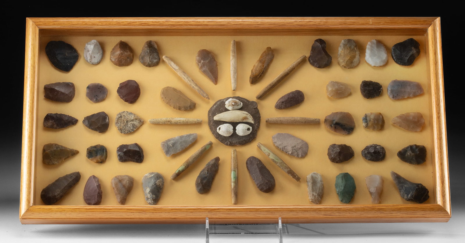 55 Native American Stone Tools - Points, Beads, Tooth: **Originally Listed At $500** Native American, North America, ca. 5000 BCE to 1000 CE. A gathering of 55 petite artifacts from ancient Native American cultures. Included are 42 hand-knapped stone poin