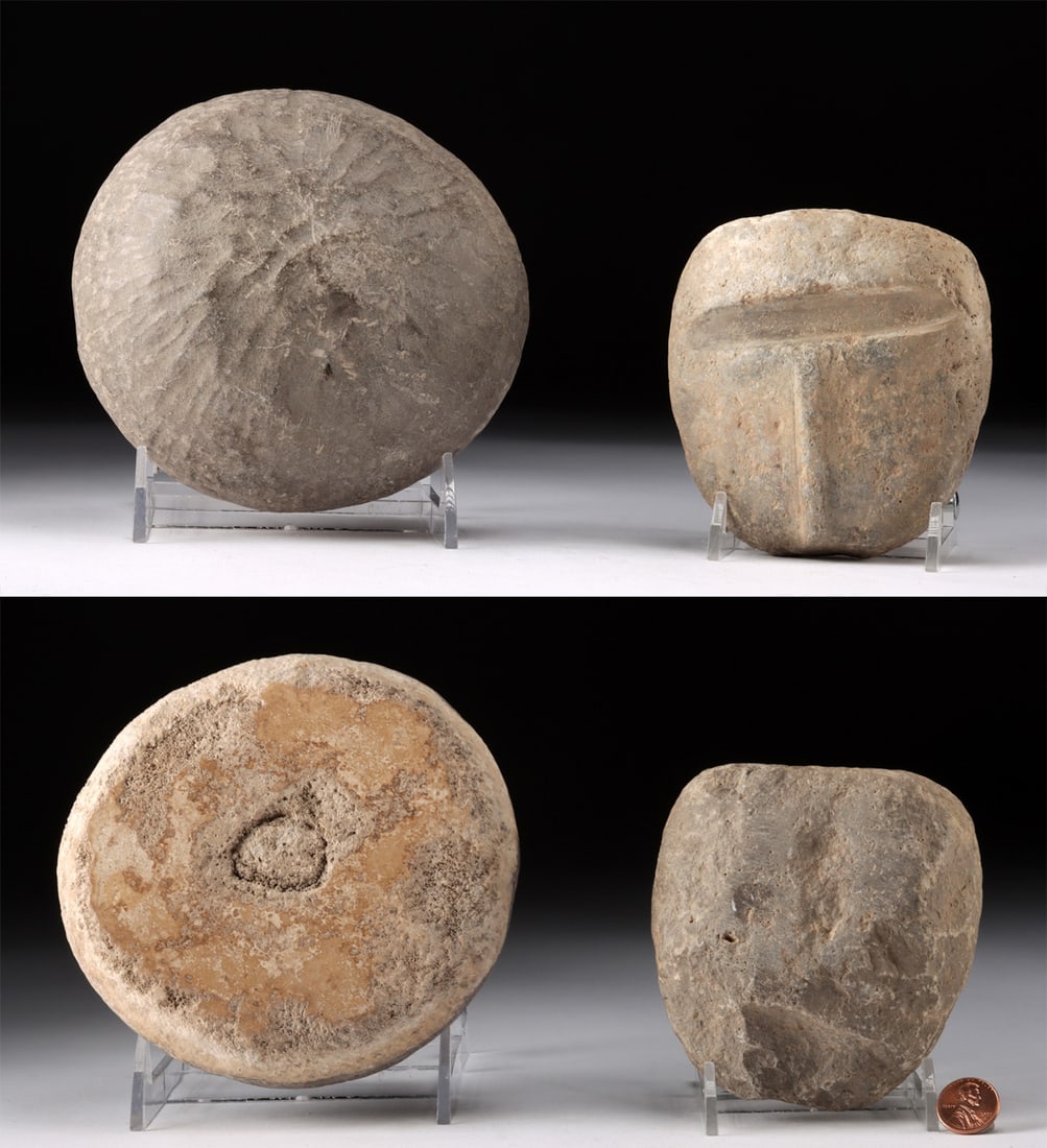 Eastern Woodland Stone Tools - Straightener & Grinder: **Originally Listed At $300** Native American, Midwestern to Eastern United States, Eastern Woodland Period, ca. 5000 BCE to 1000 CE. A set of 2 large stone tools including an arrow shaft straightener