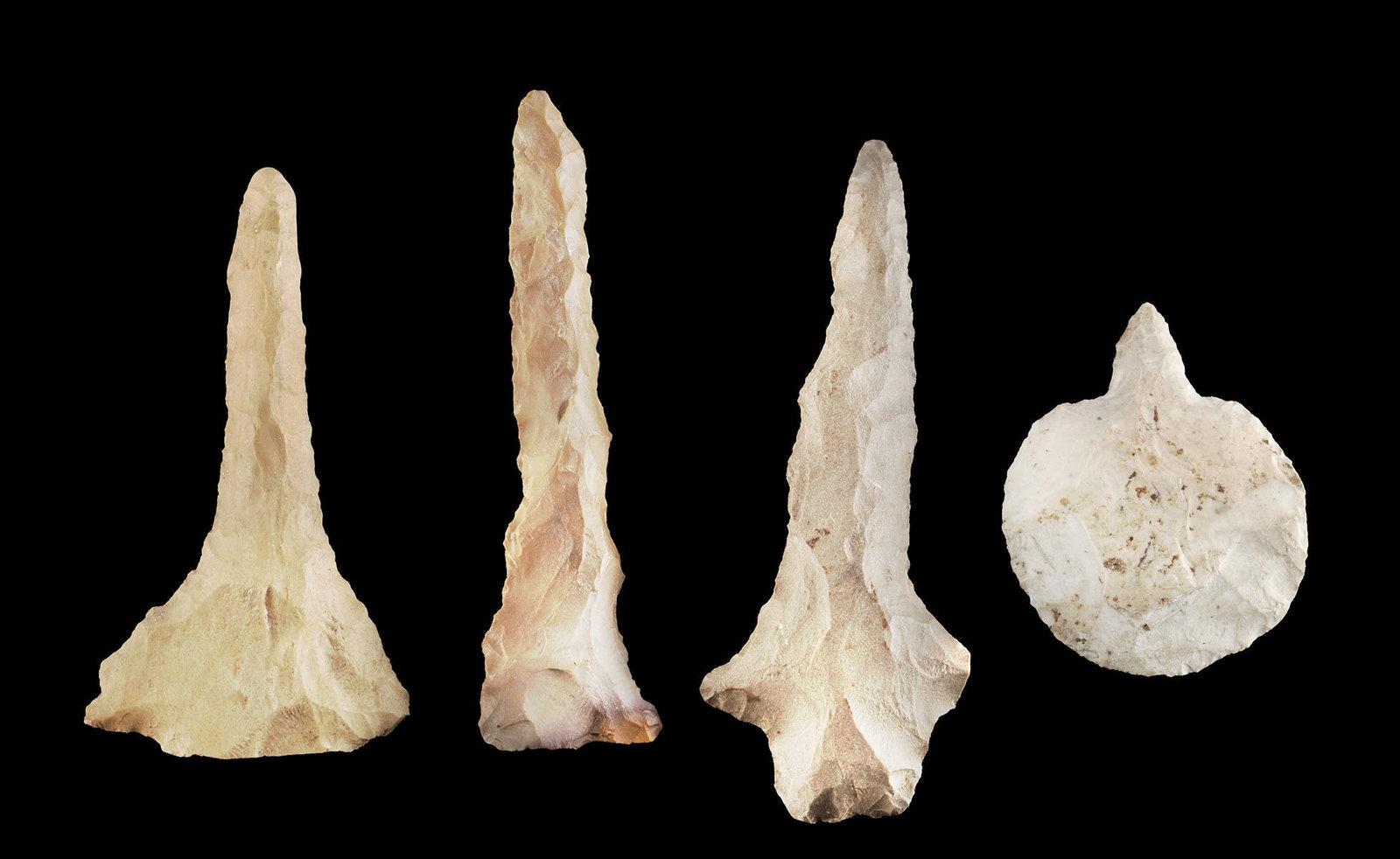 4 Native American Archaic to Woodland Chert Drills: **Originally Listed At $300** Native American, United States, Archaic to Woodland Period, ca. 2000 BCE to 1000 CE. This is a fine group of 4 hand knapped stone tools that were produced and used throug