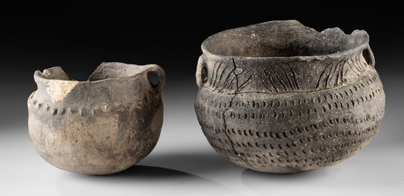 Two Mississippian Jars - Punctated, Incised & Noded