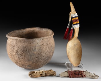 Native American Horn Spoon, Pottery Jar, Pouch & Cuff