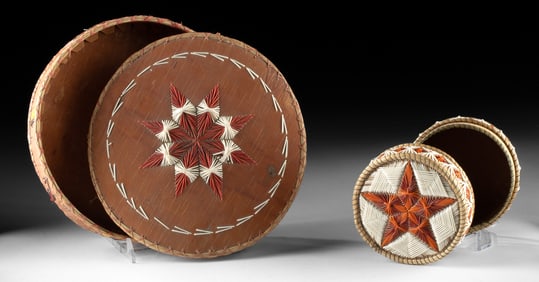 2 Ojibwe Porcupine Quill & Birchbark Boxes