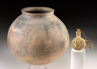 19th C. Apache Pottery Jar + Miniature Wood Flask