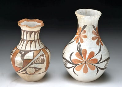 Two Acoma Polychrome Vases, Floral & Geometric Motifs