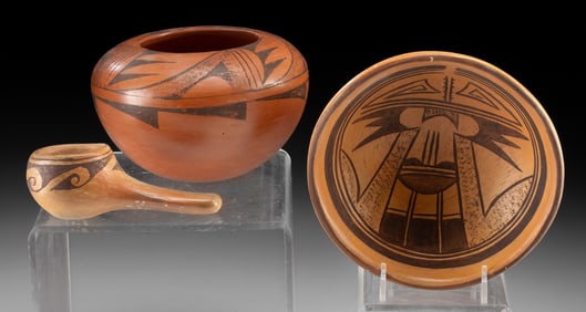 Three Hopi Pottery Vessels: Jar, Bowl & Ladle