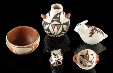 5 Miniature Acoma Pottery Pieces - Vessels & Birds