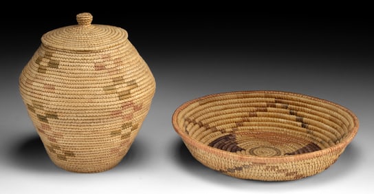Two Yupik / Inuit Woven Beach Grass Basket & Lidded Jar