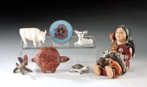 8 Native American & Peruvian Pottery & Stone Figurines