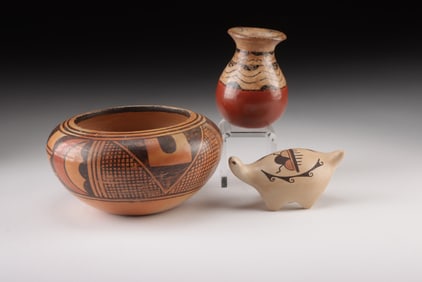 Lot of 3 Hopi Polychrome Pottery - Bowl, Jar & Turtle