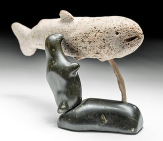 Inuit Soapstone Seal Carrying Whalebone Salmon