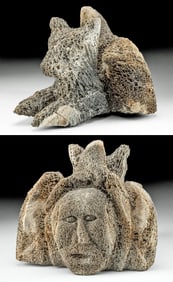 Inuit Whalebone Sculpture Wolf / Human Face