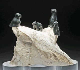 Inuit Whalebone Sculpture - Stone Birds & Animal