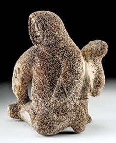 Impressive Inuit Whale Bone Sculpture Man & Polar Bear