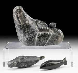 Inuit Soapstone Carvings Walruses, Seal & Fish
