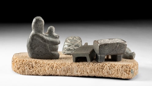 Inuit Soapstone / Bone Figural Carving, Mother & Child