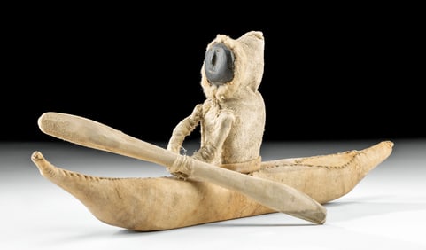 Inuit Stone & Hide Kayaker Sculpture w/ Bone Paddle