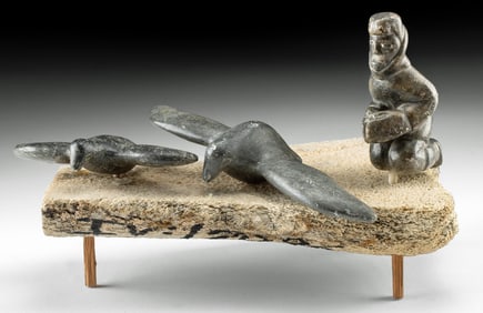 Inuit Whale Bone / Soapstone Sculpture Figure & Birds