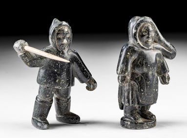 Inuit Soapstone Standing Figures - Man + Woman