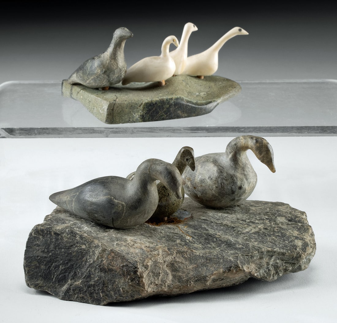 Pair of 20th C. Inuit Stone & Ivory Bird Platforms (1 of 2)