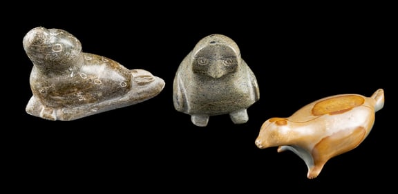 Group of 3 Inuit Stone Carvings - 2 Seals + Owl