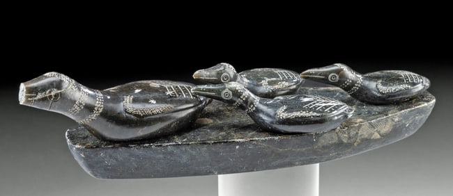 Inuit Soapstone Carving of Loon Birds by E. Paulosie