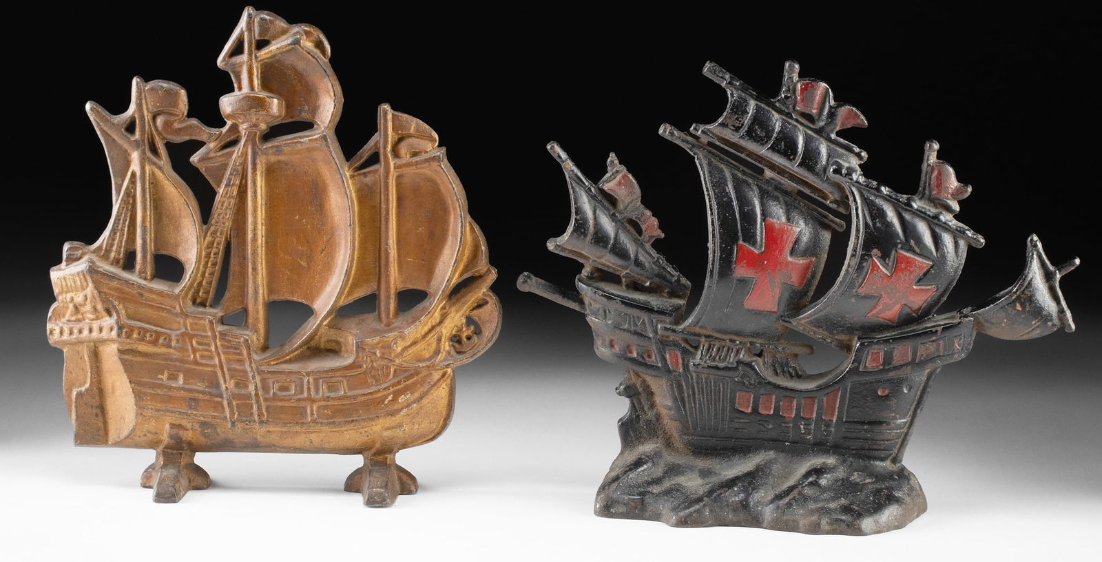 Two Late 19th C. Cast Iron Sailing Ship Doorstops: **Originally Listed At $250** Western Europe, / United States, ca. late 19th to early 20th century CE. A pair of antique cast iron doorstops from Western Europe or the United States, dating to the lat
