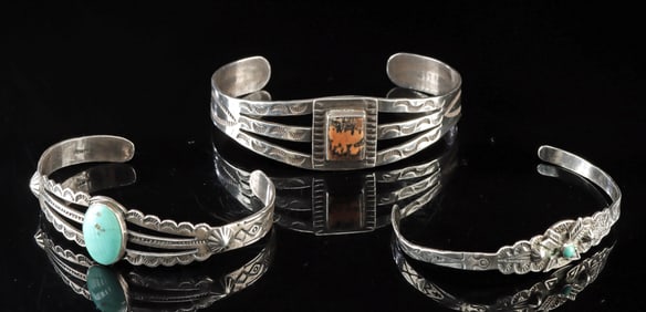 3 Fred Harvey Silver, Petrified Wood & Turquoise Cuffs