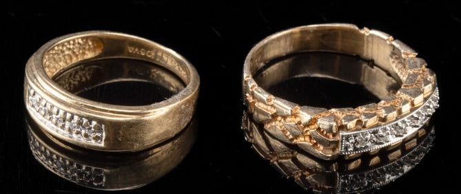 Two Gold Diamond Rings: 14K Filled & 10K Nugget Style