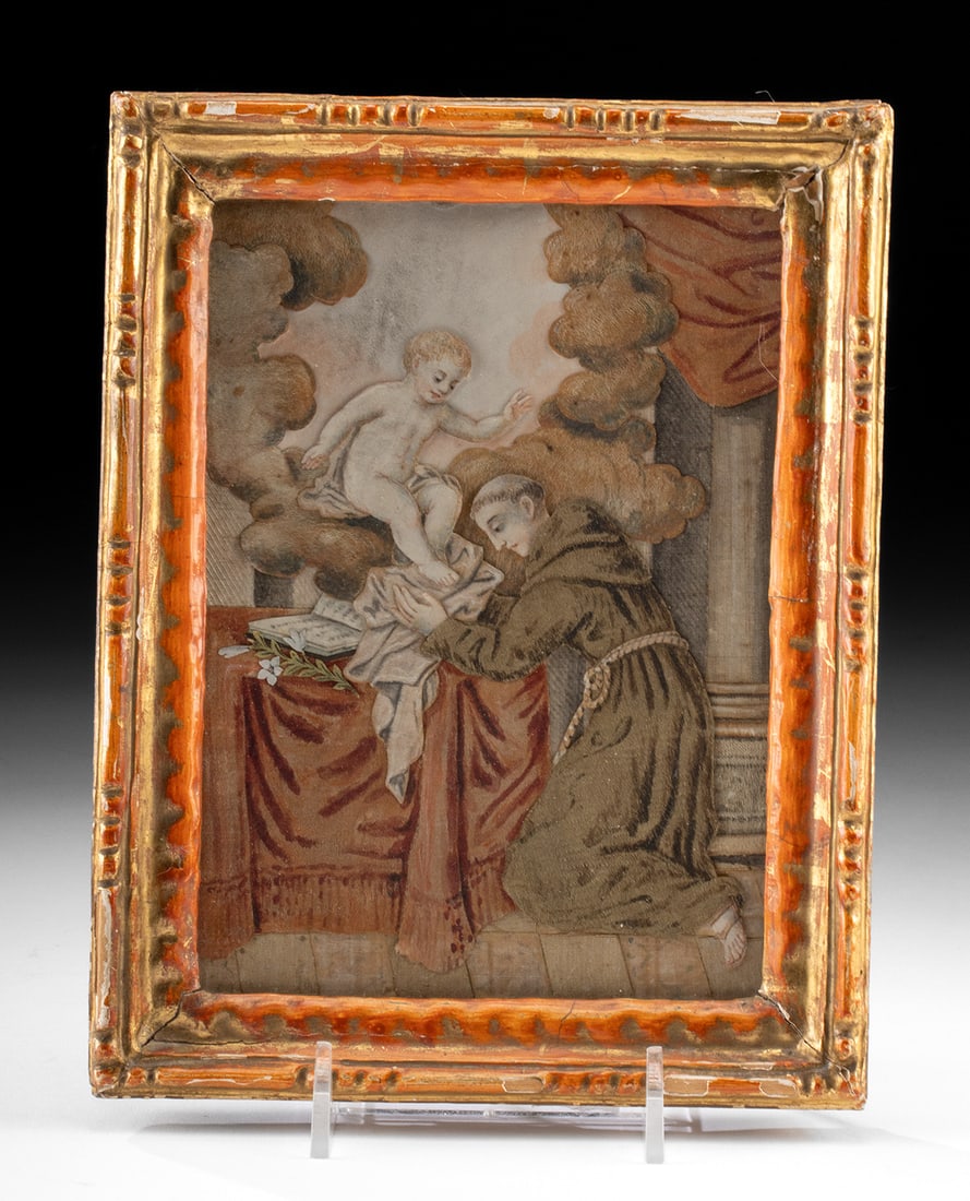 18th C. Italian Textile & Paper Collage - St. Anthony (1 of 3)