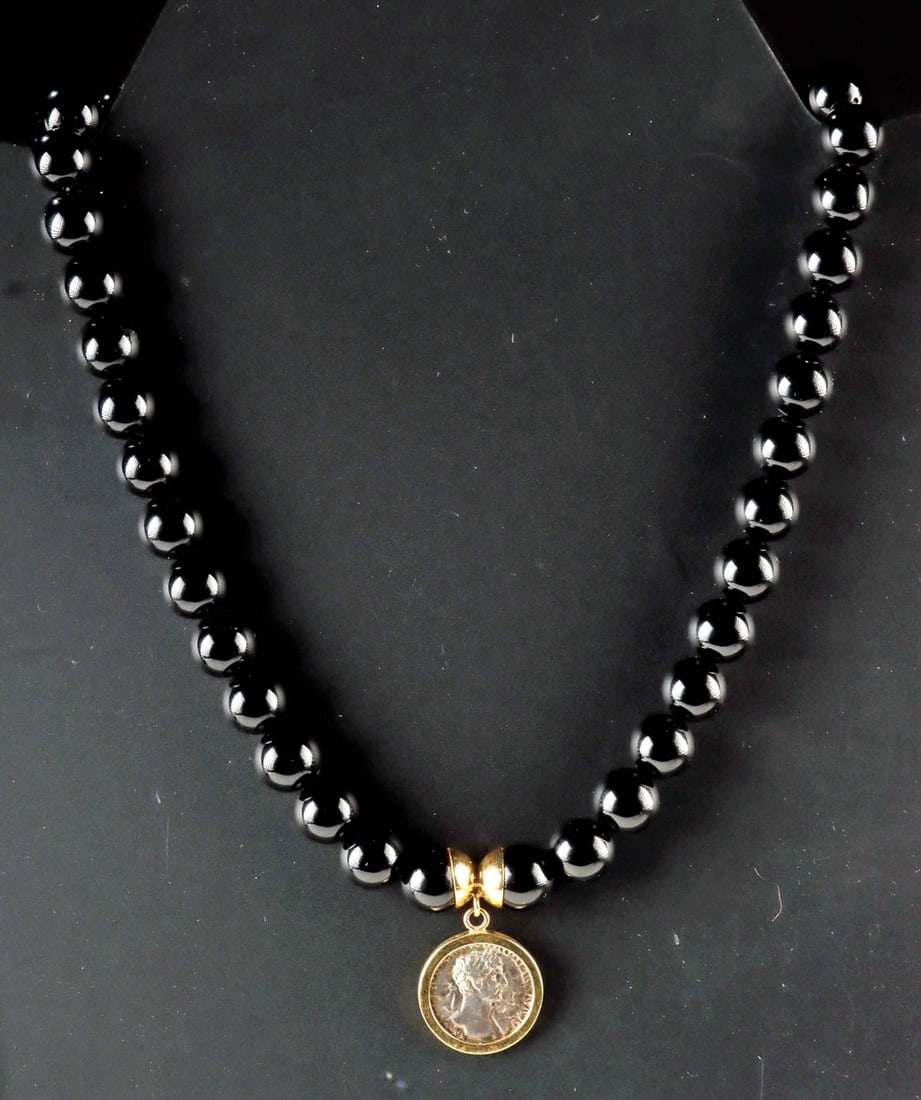 Onyx Necklace - Roman Silver Hadrian Coin & Gold Bezel (1 of 4)