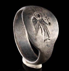 Byzantine Silver Signet Ring - Angel w/ Globus Cruciger