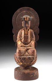 Chinese Lacquered & Gilt Wood Guanyin on Lotus Pedestal