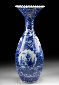 Tall 19th C. Arita Blue-on-White Vase w/ Phoenixes