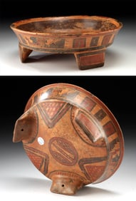 Maya Ulua Polychrome Tripod Rattle Dish w/ Glyph Motifs