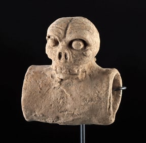 Unusual Ancient Maya Pottery Death Skull Tubular Effigy
