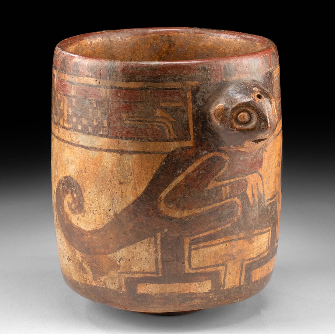 Maya Ulua Polychrome Cylinder Jar - Monkey Head Handles (1 of 4)
