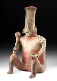Large Jalisco Pottery Nude Seated Male Figure w/ Mace