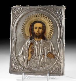 Russian Silvered & Gilt Oklad Icon - Salvator Mundi